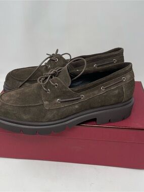 Bally Brown Suede Lug Sole Boat Loafers